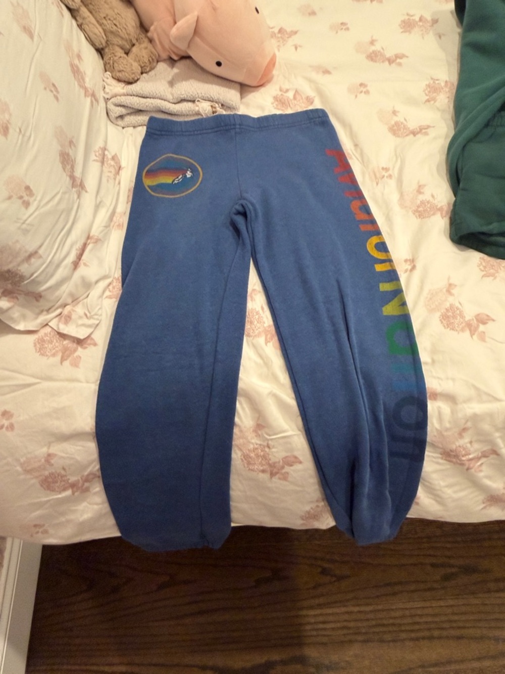 Aviator Nation Blue Kids Sweatpants with Rainbow Side Lettering
